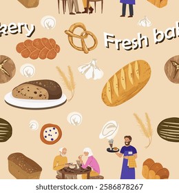 Bakery, fresh bread, dough, cook, bake seamless pattern, candy, background, yeast baked bread.  Vector illustration, hand drawn.
