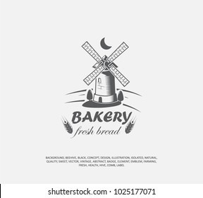 Bakery fresh bread, mill vector icon, bakery logo, old building. flour products