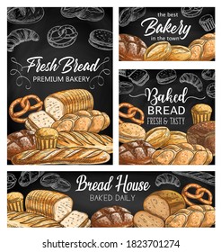 Bakery fresh bread sketch vector banners. Baguette and bloomer loaf, wheat, rye cob or boule, vienna and pullman sandwich bread, hamburger bun and pretzel, croissant chalk sketches on blackboard