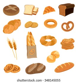 Bakery fresh bread varieties assortment flat icons collection with loaf and french baguette abstract isolated vector illustration