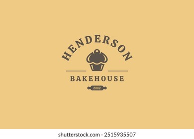 Bakery fresh dessert cupcake retro logo design template vector flat illustration. Bakehouse old style minimalist logotype for bread pastry culinary food cafe cafeteria eatery menu brand
