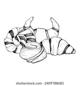 Bakery fresh pastry croissants and cinnamon chocolate buns vector graphic illustration for breakfast and coffee break designs. Delicious fresh food black and white sketch