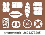 Bakery and fresh pastry pattern set. Collection of homemade bread, buns, baguettes, and assortments. Bakery and shop. Flat illustration vector elements. Isolated. Simple, colorful graphic background.
