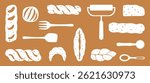 Bakery and fresh pastry pattern set. Collection of homemade bread, buns, baguettes, and assortments. Bakery and shop. Flat illustration vector elements. Isolated. Simple, colorful graphic background.
