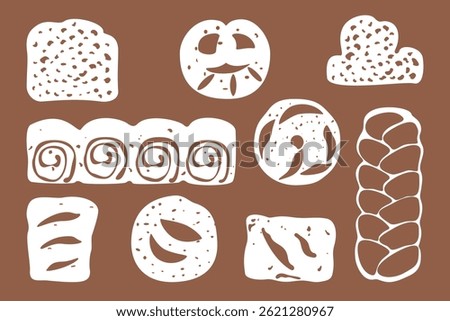 Bakery and fresh pastry pattern set. Collection of homemade bread, buns, baguettes, and assortments. Bakery and shop. Flat illustration vector elements. Isolated. Simple, colorful graphic background.
