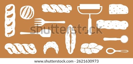 Bakery and fresh pastry pattern set. Collection of homemade bread, buns, baguettes, and assortments. Bakery and shop. Flat illustration vector elements. Isolated. Simple, colorful graphic background.
