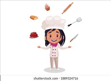 Bakery girl is with her equipment. Vector graphic illustration. Individually on a white background.