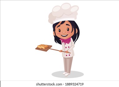 Bakery girl is holding the bread roll on the tray. Vector graphic illustration. Individually on a white background.