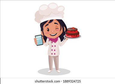 Bakery girl is holding cake in one hand and a mobile phone in the other hand. Vector graphic illustration. Individually on a white background.