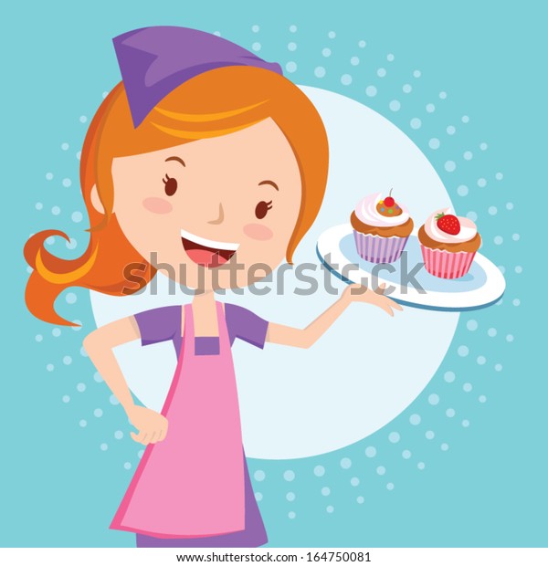 Bakery Girl Holding Cupcakes Stock Vector (Royalty Free) 164750081