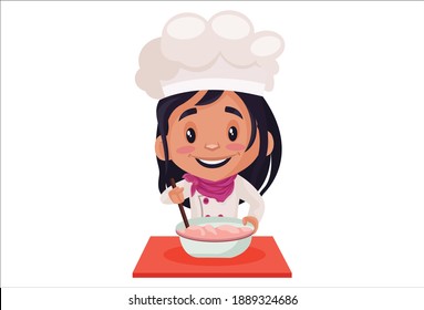 La chica de panadería está haciendo batatas por la torta. Ilustración gráfica vectorial. Individualmente sobre un fondo blanco.