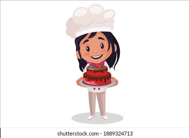 Bakery girl is smiling and holding a cake in her hands. Vector graphic illustration. Individually on a white background.