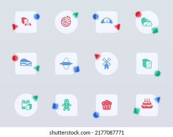 bakery glass morphism trendy style icons. bakery transparent glass color vector icon with color figures. for web and ui design, mobile apps and promo business advertising