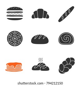 Bakery glyph icons set. Burger, croissant, baguette, pizza, round bread, swiss roll, pancakes, rolls, challah. Silhouette symbols. Vector isolated illustration