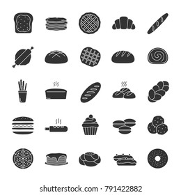 Bakery glyph icons set. Pastry. Confectionery. Bread, buns, cookies, macaron, pancakes. Silhouette symbols. Vector isolated illustration