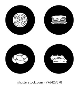 Bakery glyph icons set. Pizza, pancakes stack, pastry bread, eclair. Vector white silhouettes illustrations in black circles