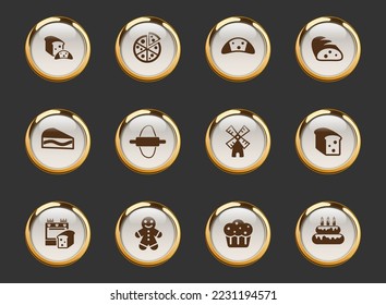 bakery gold-rimmed vector icons on dark background. bakery icons in gold frame for web, mobile and ui design