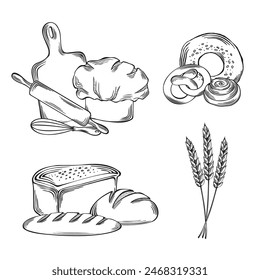 Bakery goods and baking tools. Vector graphics illustration. Set from compositions with bread loafs, cinnamon bun and bagel. Chef hat, cutting board with spikelet bunch. Clip art for menu, app, bistro