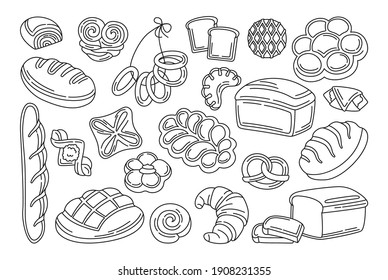 Bakery goods doodle black set. Line bread loaf and french baguette, pretzel, muffin, croissant, french baguette ciabatta. Design menu bakery pastry symbol. Stylish icon modern vector illustration