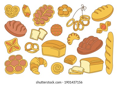 Bakery goods doodle cartoon set. Line bread loaf and french baguette, pretzel, muffin, croissant, ciabatta. Design menu bakery pastry symbol. Stylish icon modern vector illustration