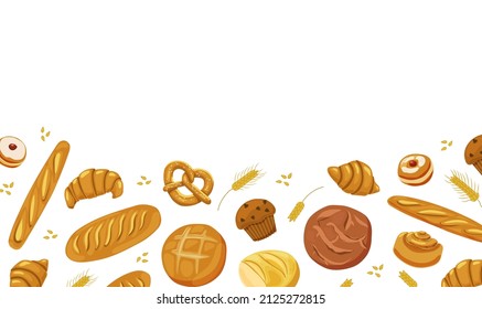 Bakery goods and ears wheat on white background. For decor menu Baking. Bread loaf and french baguette pretzel, muffin, donut, croissant, french baguette. With space for text. Vector cartoon