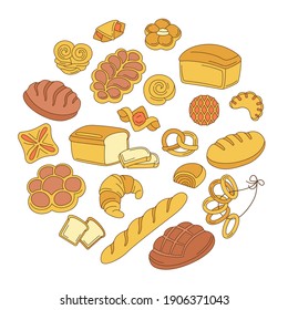 Bakery goods located on circle cartoon doodle. Background for Menu Baking. Line bread loaf and french baguette, pretzel, muffin croissant, french baguette. Bakery pastry modern vector illustration