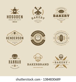 Bakery goods logos and badges design templates set vector illustration. Good for bakehouse and cafe emblems. Retro typography elements and silhouettes.