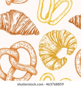 Bakery goods seamless pattern. Different kinds of bread, hand drawn detailed ink illustration, on white background. Croissant, pretzel, bread. Design for textile, package, paper.