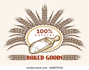 Bakery goods vintage emblem. Fresh bread sketch logo vector template