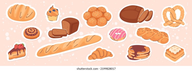 Bakery grain bread loaf, baguette and pastry set. Croissant, wheat, rye bread slices, cupcake, donut, pretzel, cake, waffles, bun food sticker collection. Breakfast product flat vector illustration