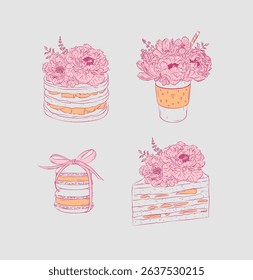 Bakery graphic illustrations coffee cup, macarons, cake, pancakes drawing in floral style with flowers and petals on beige background
