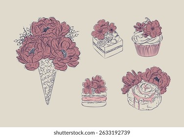 Padaria ilustrações gráficas sorvete, cupcake, macarons, cannabon em estilo floral com flores e pétalas desenhando com azul e vermelho em fundo bege