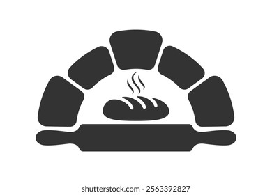 Bakery graphic logo. Bakeshop symbol with hot bread, rolling pin and bakery oven. Vector illustration