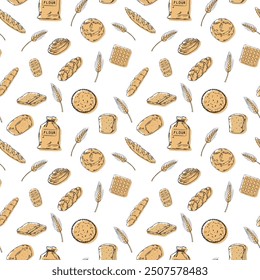 Bakery hadpainted illustrations seamless pattern black and white beige bag of flour, buns, beans, bread, bread, waffle, baguette, cafe, morning breakfast pastry, wheat ears, rye