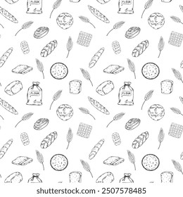 Bakery hadpainted illustrations seamless pattern black and white beige bag of flour, buns, beans, bread, bread, waffle, baguette, cafe, morning breakfast pastry, wheat ears, rye