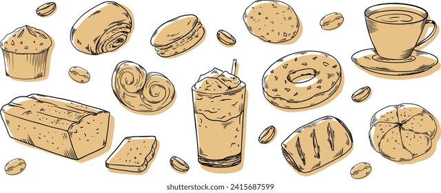 Bäckerei mit handgemalten Illustrationen setzen Banner schwarz-weißer beiger Kaffee, Buben, Bohnen Kuchen, Donut, Maffin, Cookie, Cappuccino, Latte