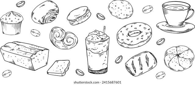 La panadería ha pintado ilustraciones con banner café beige blanco y negro, bollos, torta de judías, donut, maffin, galleta, capuchino, latte