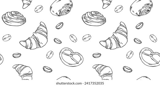 Bäckerei mit handgemalten Illustrationen setzen Banner schwarz-weißer Doodle-Kaffee, Buben, Bohnen, Croissant