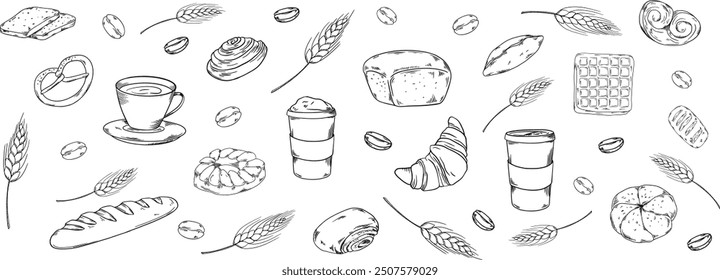 Bakery hadpainted illustrations set banner black and white beige coffee, buns, beans, bread, cappuccino, cup, croissant, bread, waffle, baguette, cafe, morning breakfast pastry, wheat ears, rye