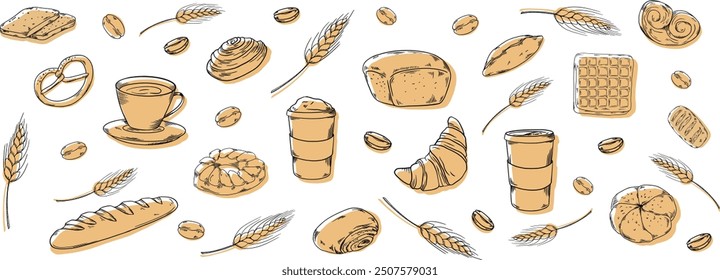 Bakery hadpainted illustrations set banner black and white beige coffee, buns, beans, bread, cappuccino, cup, croissant, bread, waffle, baguette, cafe, morning breakfast pastry, wheat ears, rye