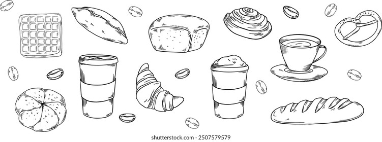 Bakery hadpainted illustrations set banner black and white beige coffee, buns, beans, bread, cappuccino, cup, croissant, bread, waffle, baguette, cafe, morning breakfast pastry