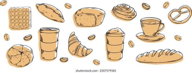 Bakery hadpainted illustrations set banner black and white beige coffee, buns, beans, bread, cappuccino, cup, croissant, bread, waffle, baguette, cafe, morning breakfast pastry