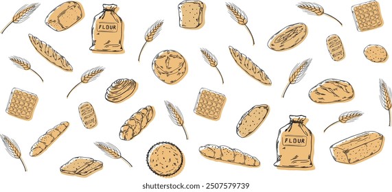 Bakery hadpainted illustrations set banner black and white beige coffee, buns, beans, bread, cappuccino, cup, croissant, bread, waffle, baguette, cafe, morning breakfast pastry, wheat ears, rye