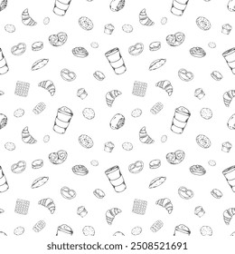 Bakery hadpainted illustrations set seamless pattern doodle coffee, buns, cappuccino, cup, croissant, cup, breakfast bakery pastry deign. food pattern, bertzel, macaroon, Cinnabon, poppy seed