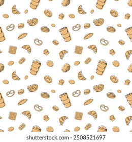 Bakery hadpainted illustrations set seamless pattern doodle coffee, buns, cappuccino, cup, croissant, cup, breakfast bakery pastry deign. food pattern, bertzel, macaroon, Cinnabon, poppy seed