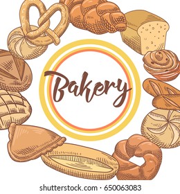 Bakery Hand Drawn Background with Fresh Bread and Loaf. Vector illustration