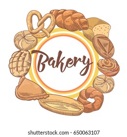 Bakery Hand Drawn Background with Fresh Bread and Loaf. Vector illustration