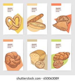 Bakery Hand Drawn Brochure Cards Design Template with Fresh Bread and Buns. Vector illustration
