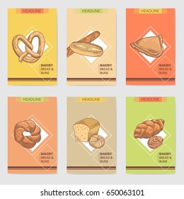 Bakery Hand Drawn Brochure Cards Design Template with Fresh Bread and Buns. Vector vintage illustration