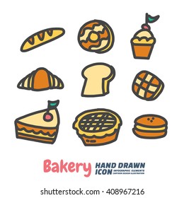 Bakery Hand Drawn cartoon vector symbols and icon set 